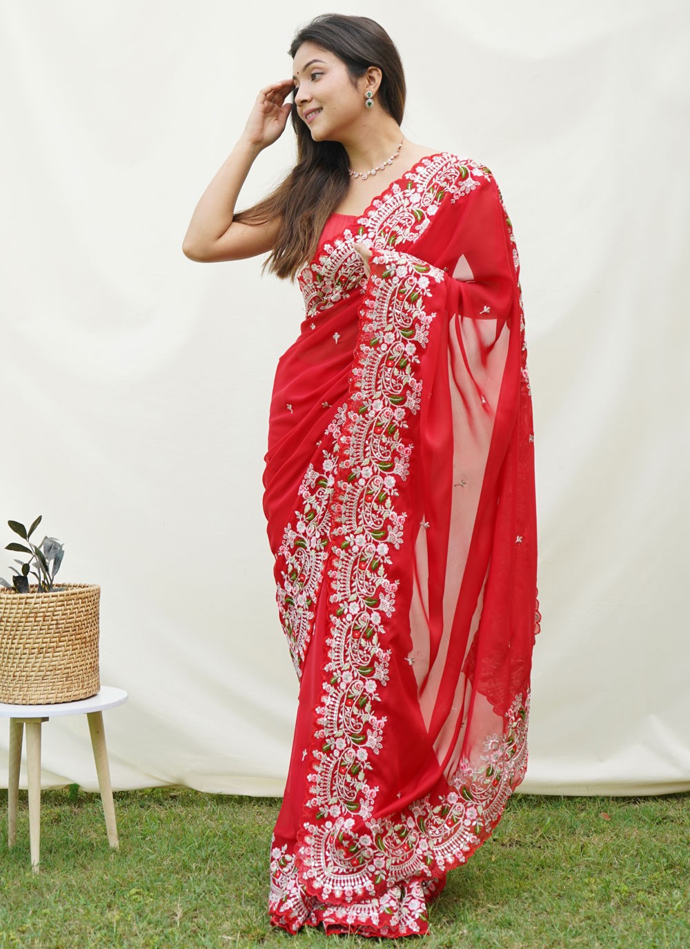 Contemporary Embroidered Georgette Satin Saree - S4179