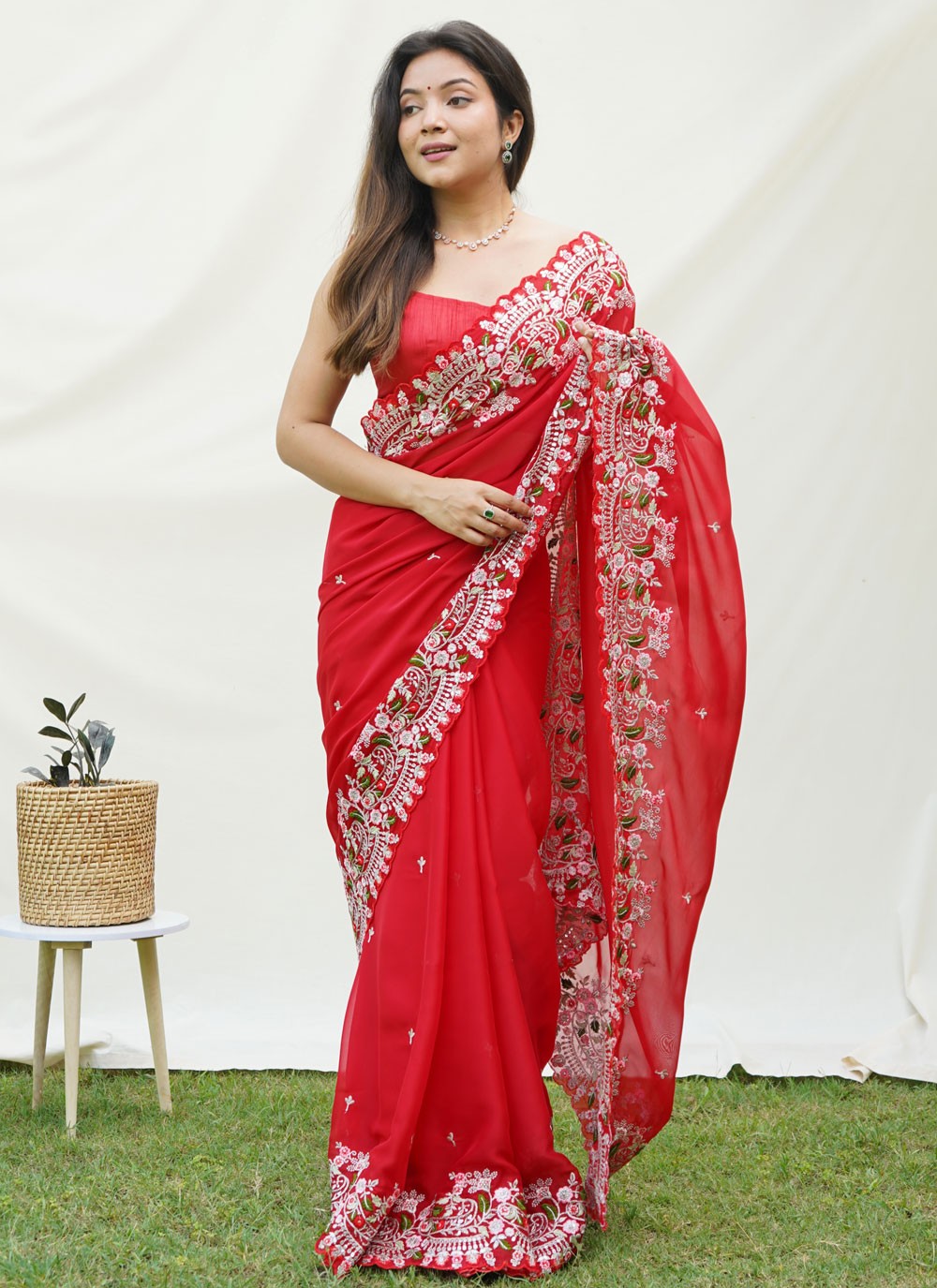 Contemporary Embroidered Georgette Satin Saree - S4179