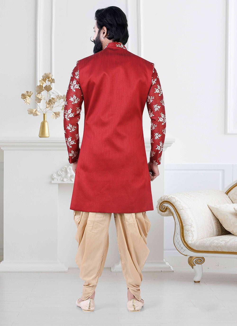 Embroidered Jacquard, Silk Red Indo Western - M4188