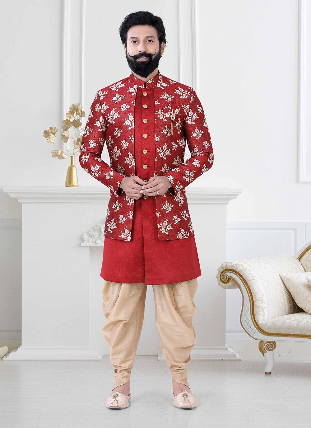 Embroidered Jacquard, Silk Red Indo Western - M4188