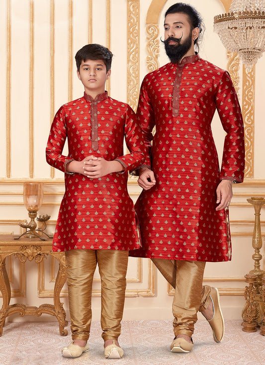 Buttis Jacquard Silk Red Kurta Pyjama - M1911