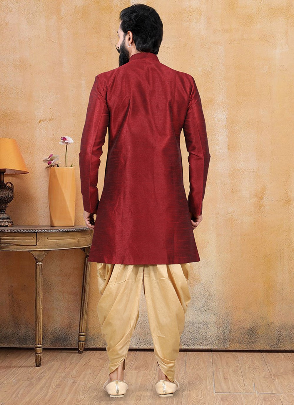 Fancy Work Jacquard Silk Red Dhoti Kurta - M3348