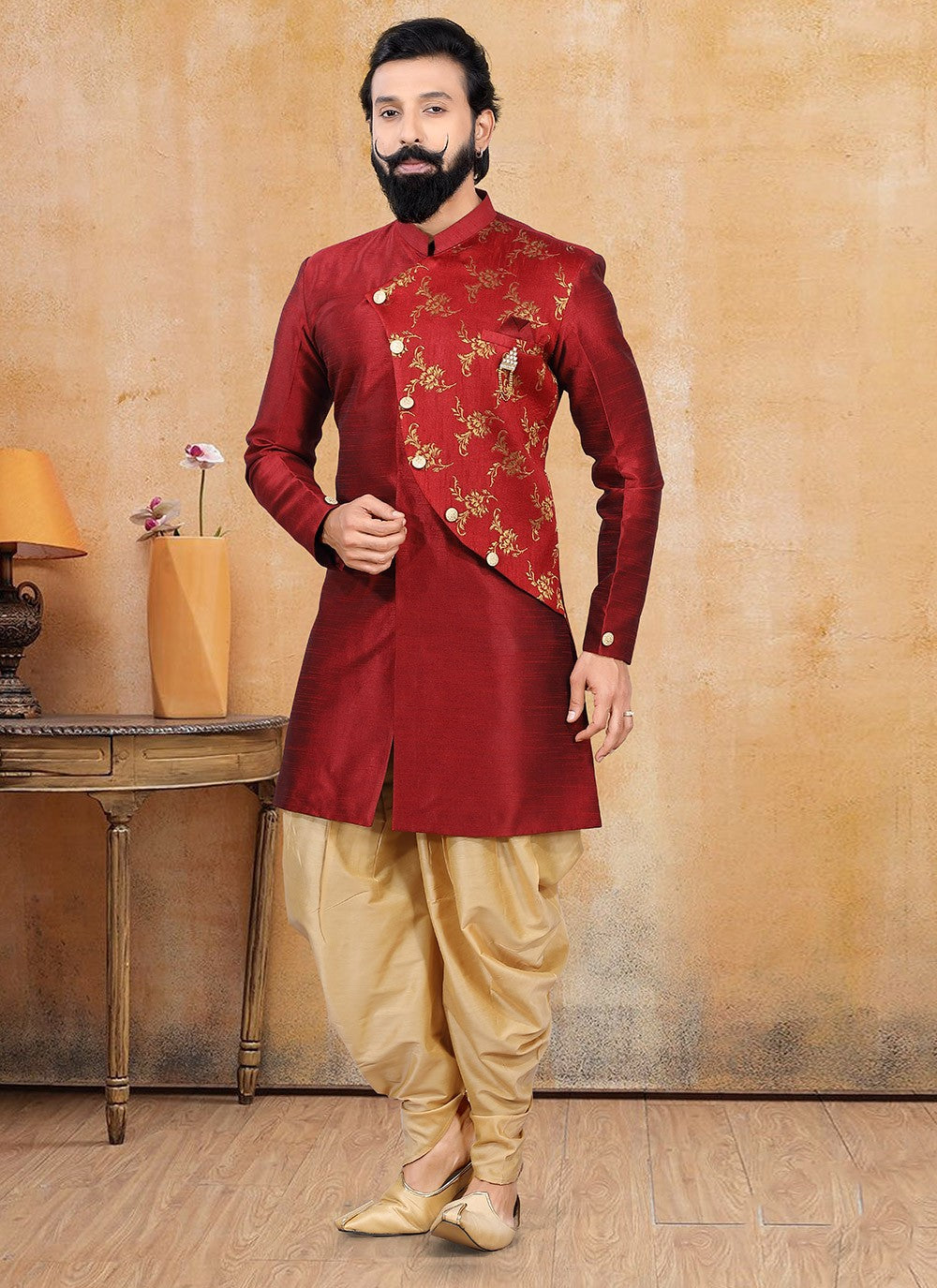 Fancy Work Jacquard Silk Red Dhoti Kurta - M3348