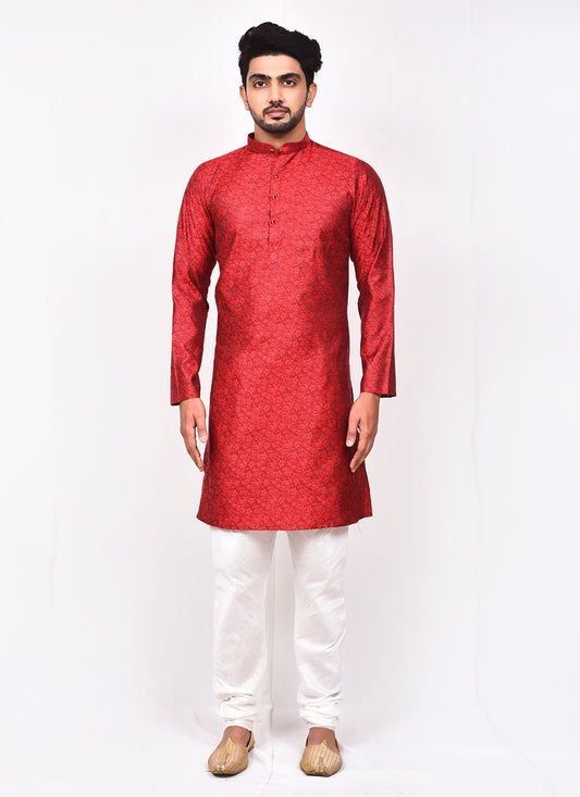 Fancy Work Jacquard Silk Red Kurta Pyjama - M3254