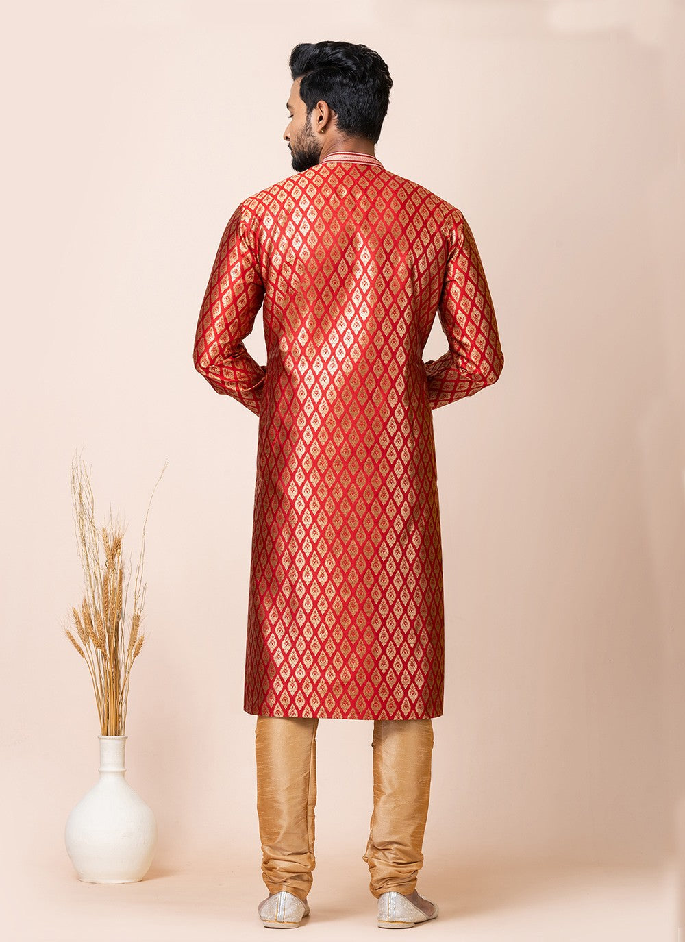 Jacquard Work Silk Red Kurta Pyjama - M7516