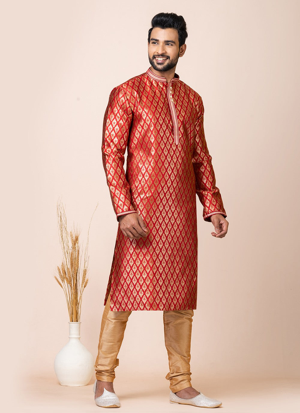 Jacquard Work Silk Red Kurta Pyjama - M7516