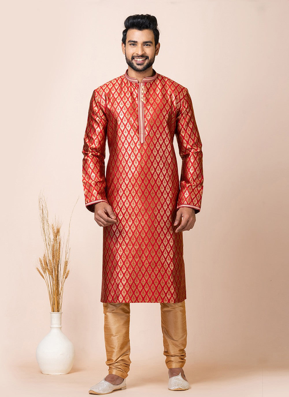 Jacquard Work Silk Red Kurta Pyjama - M7516