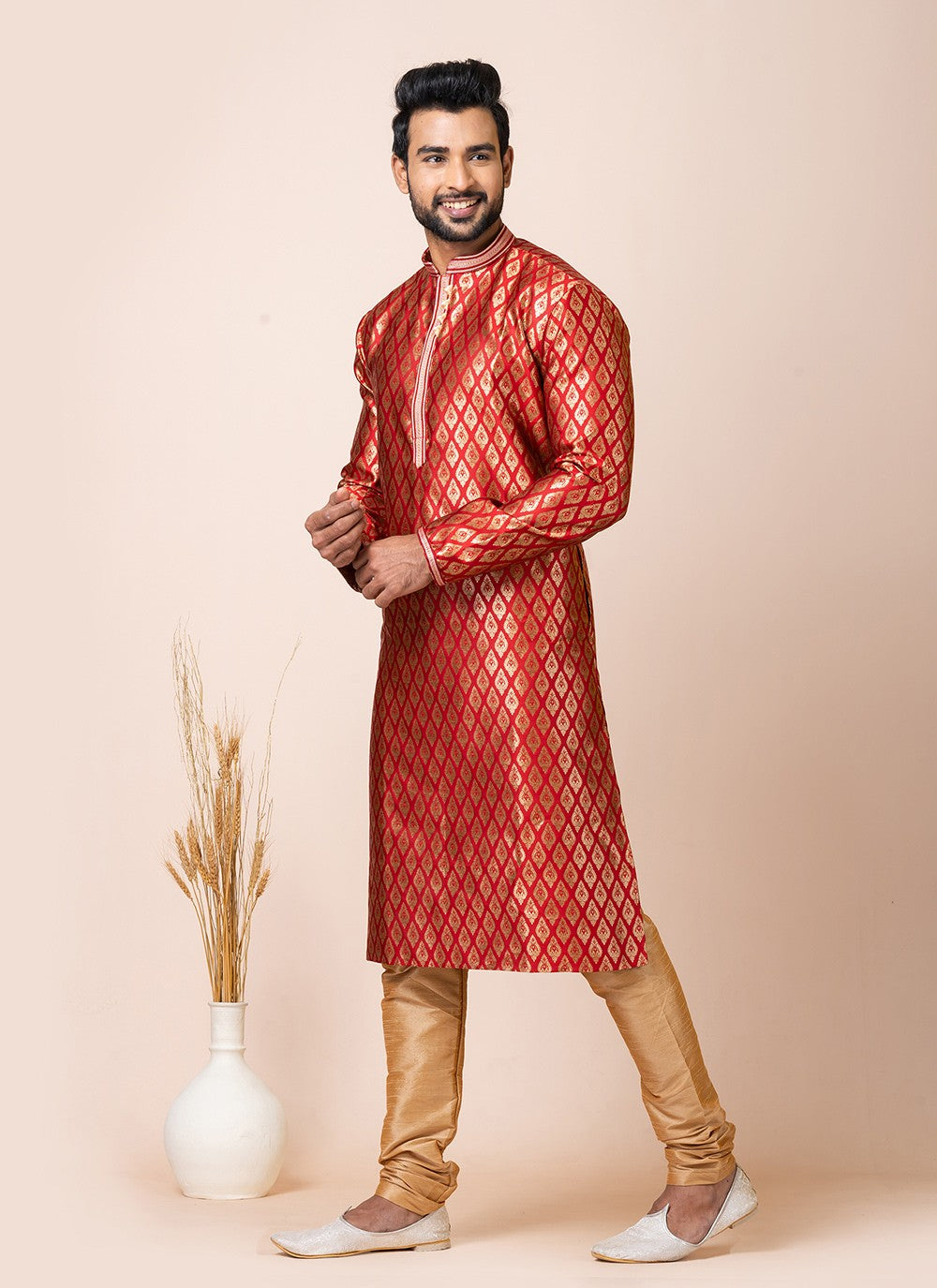 Jacquard Work Silk Red Kurta Pyjama - M7516