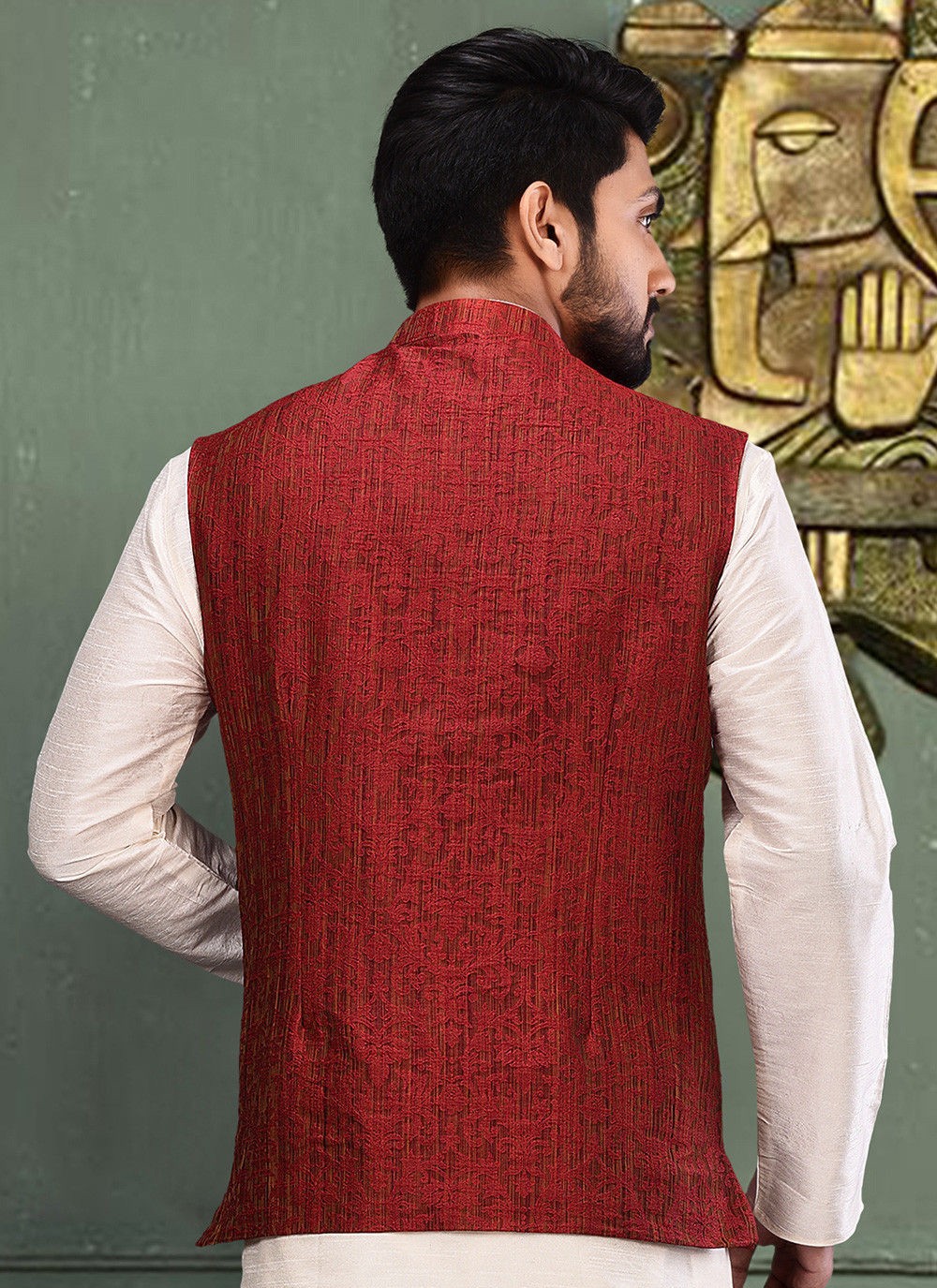 Fancy Work Jamawar Red Nehru Jackets - M2749