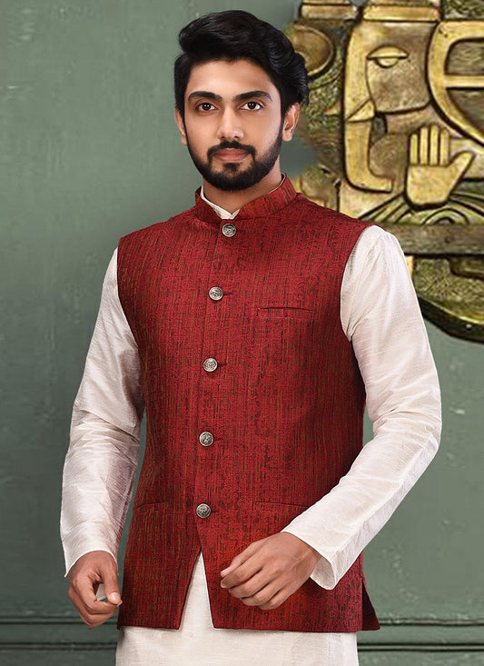 Fancy Work Jamawar Red Nehru Jackets - M2749