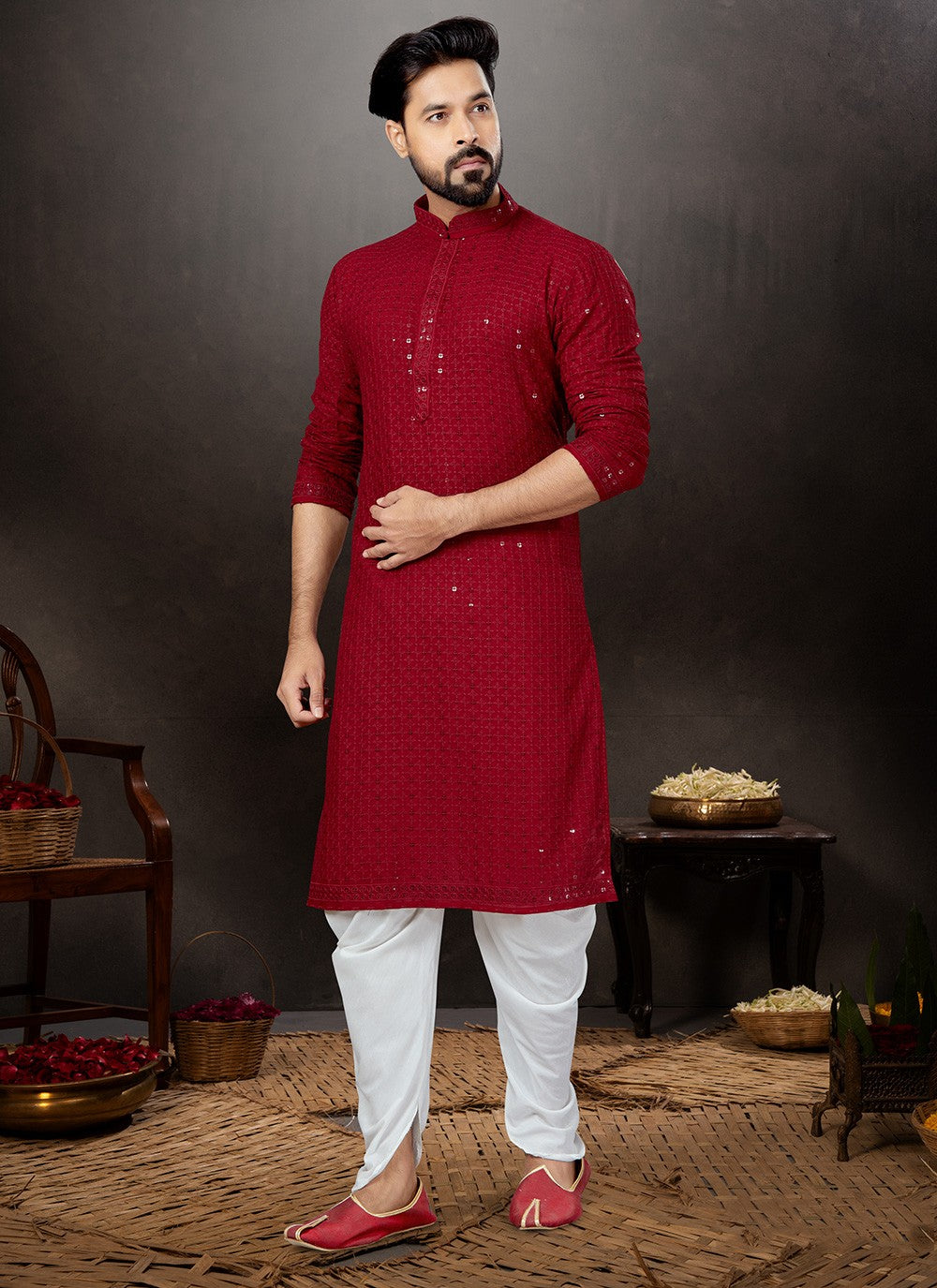 Lucknowi Work Rayon Red Dhoti Kurta - M4790