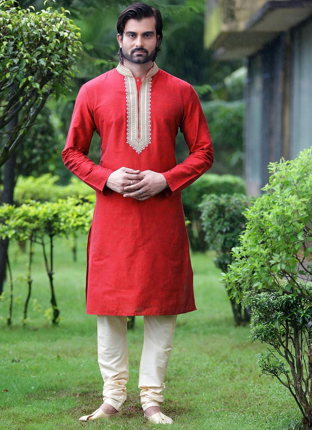 Embroidered Dupion Silk Red Kurta Pyjama - M2131