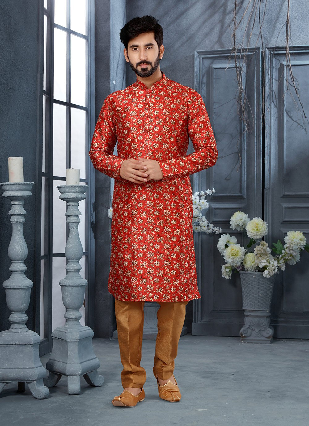 Digital Print Silk Red Kurta Pyjama - M3038