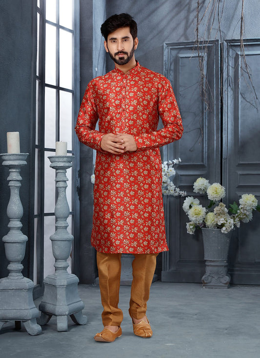 Digital Print Silk Red Kurta Pyjama - M3038