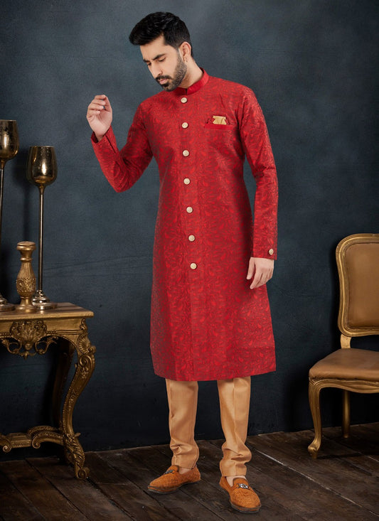 Embroidered Jacquard Red Kurta Pyjama - M7132