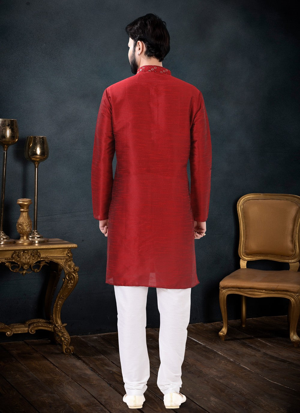 Patch Border Silk Red Kurta Pyjama - M4446