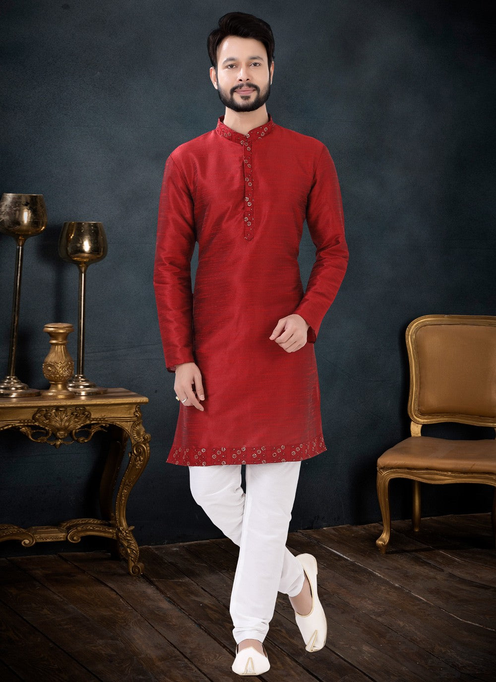 Patch Border Silk Red Kurta Pyjama - M4446