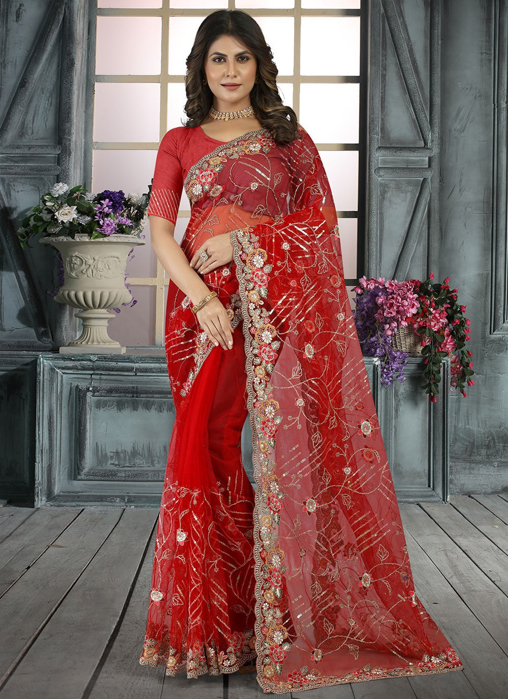 Saree Embroidered Net Saree - S3017