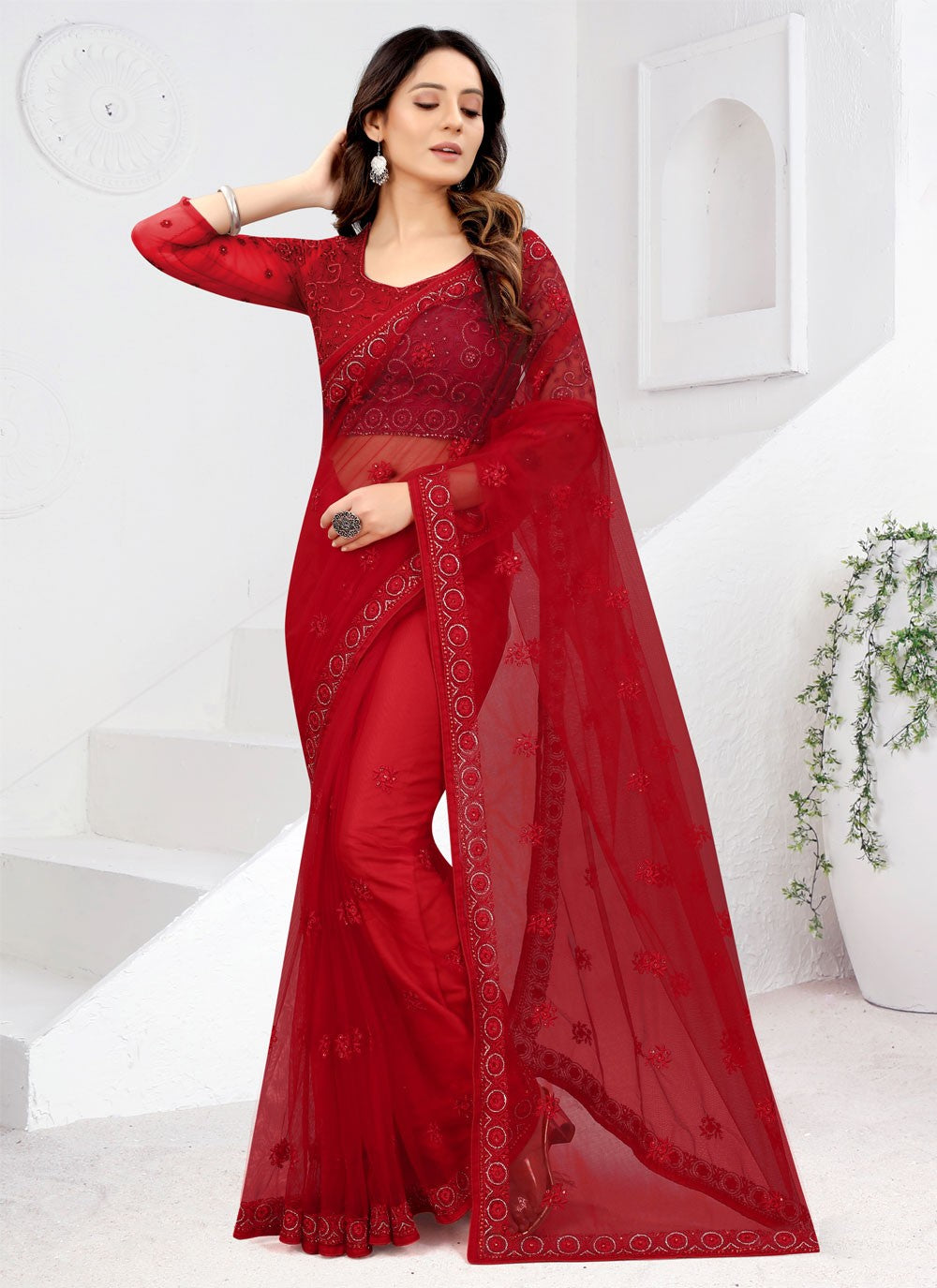 Classic Embroidered Net Saree - S3728