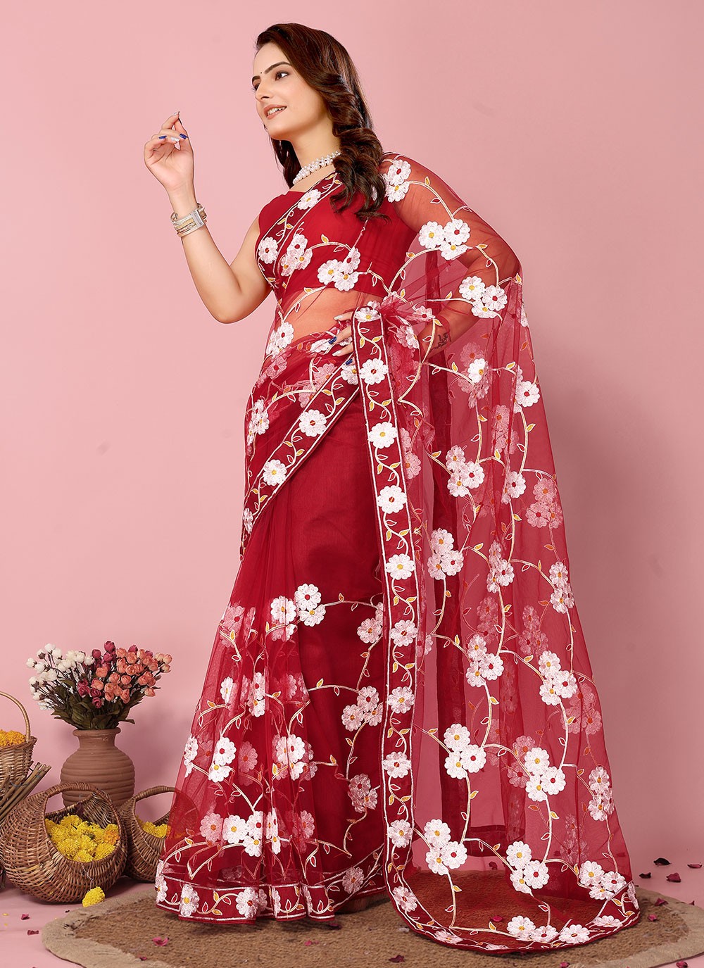 Classic Embroidered Net Saree - S6894