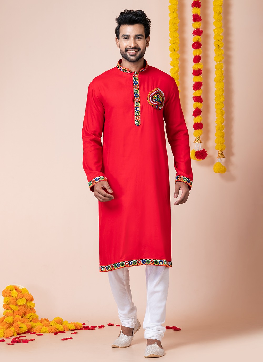 Lace Rayon Red Kurta Pyjama - M8309