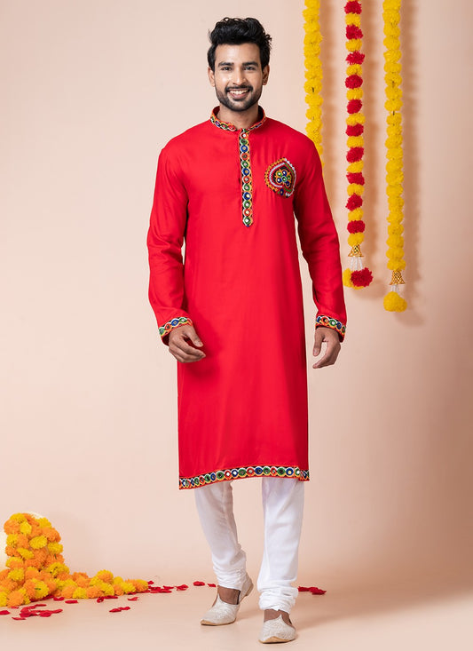 Lace Rayon Red Kurta Pyjama - M8309