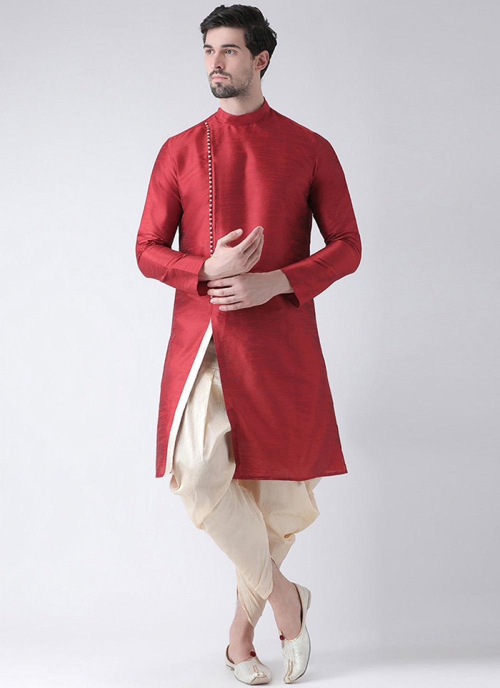 Plain Art Dupion Silk Red Dhoti Kurta - M1451