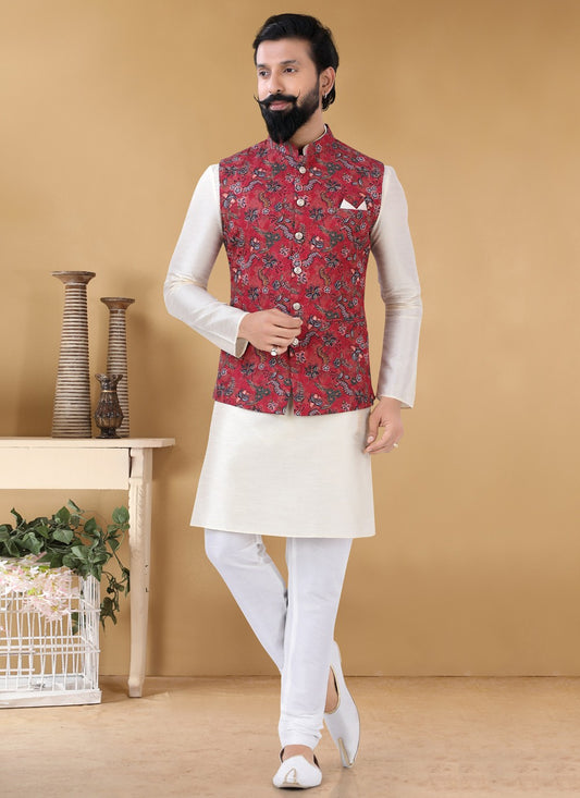 Printed Cotton Red Nehru Jackets - M4650