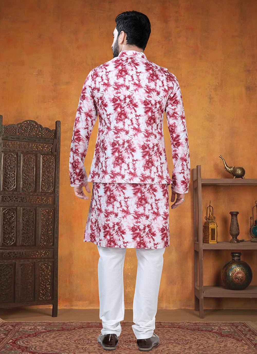 Printed Cotton Red Kurta Payjama With Jacket - M8774