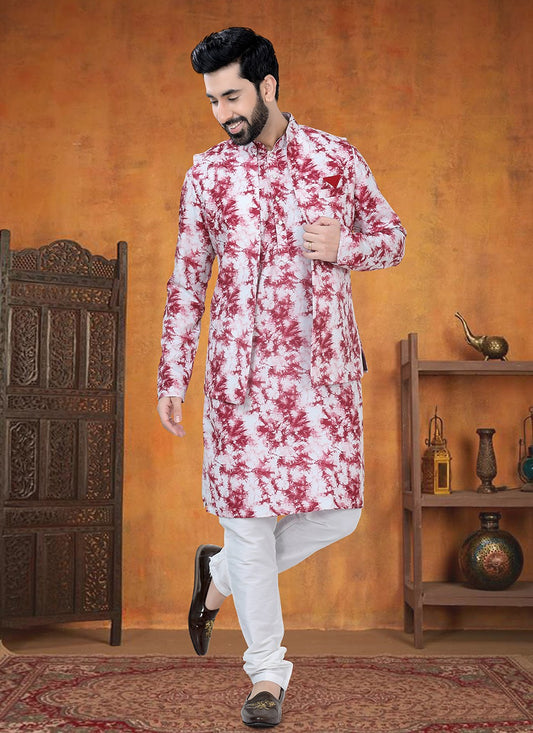 Printed Cotton Red Kurta Payjama With Jacket - M8774