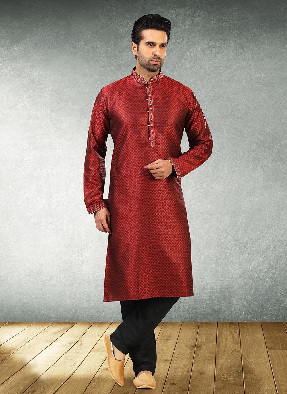 Jacquard Work Brocade, Jacquard Silk Red Kurta Pyjama - M2190