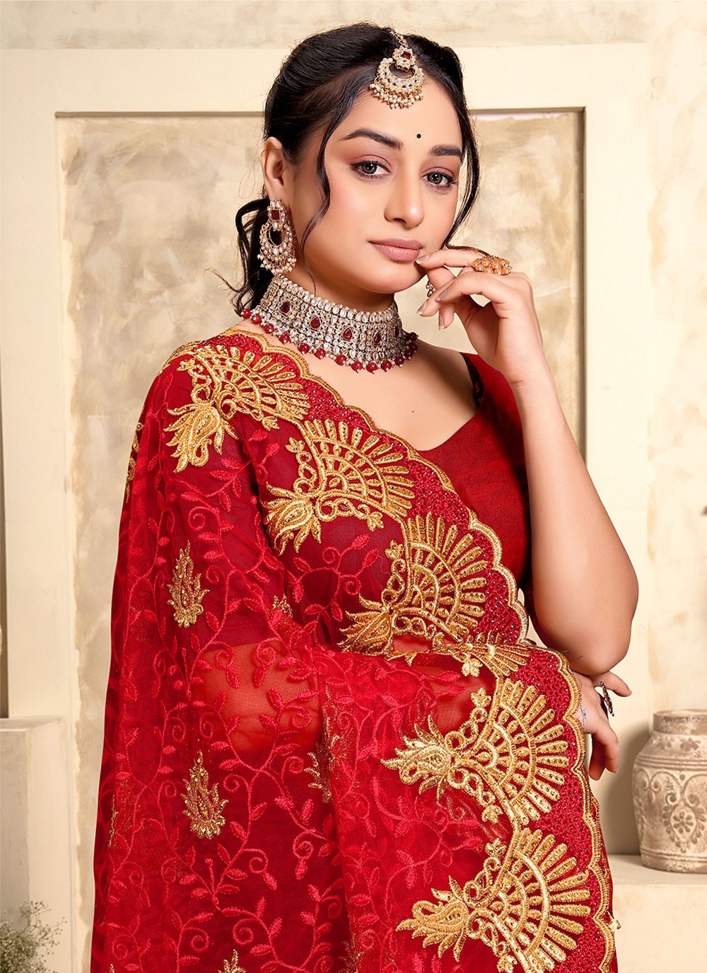 Trendy Embroidered Net Saree - S4963