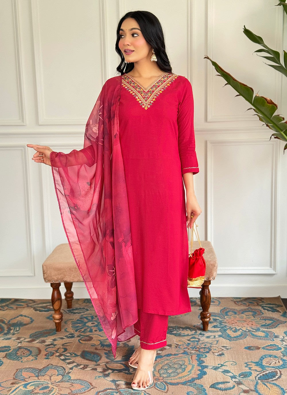 Embroidered Rayon Pant Style Suit - T4726