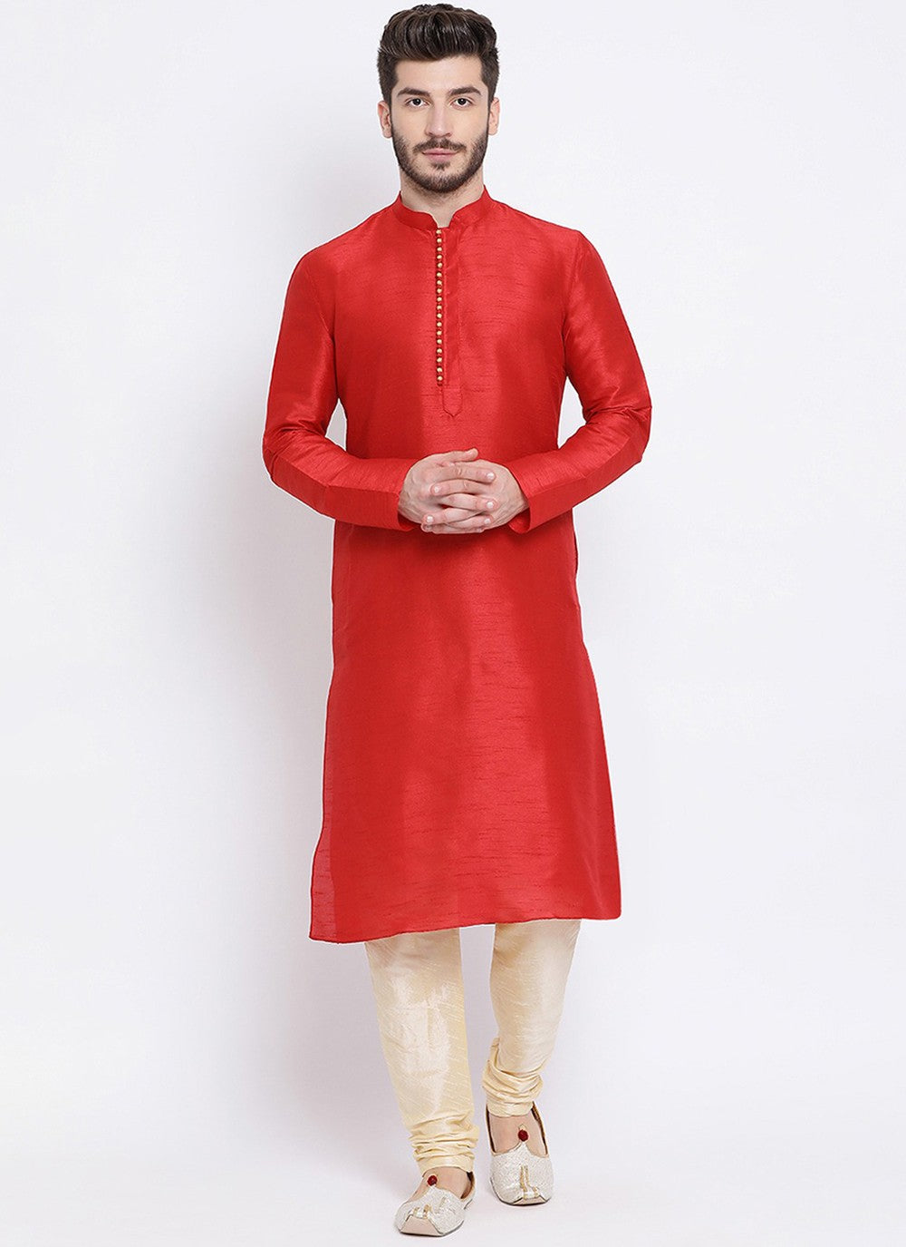 Plain Dupion Silk Red Kurta Pyjama - M2004