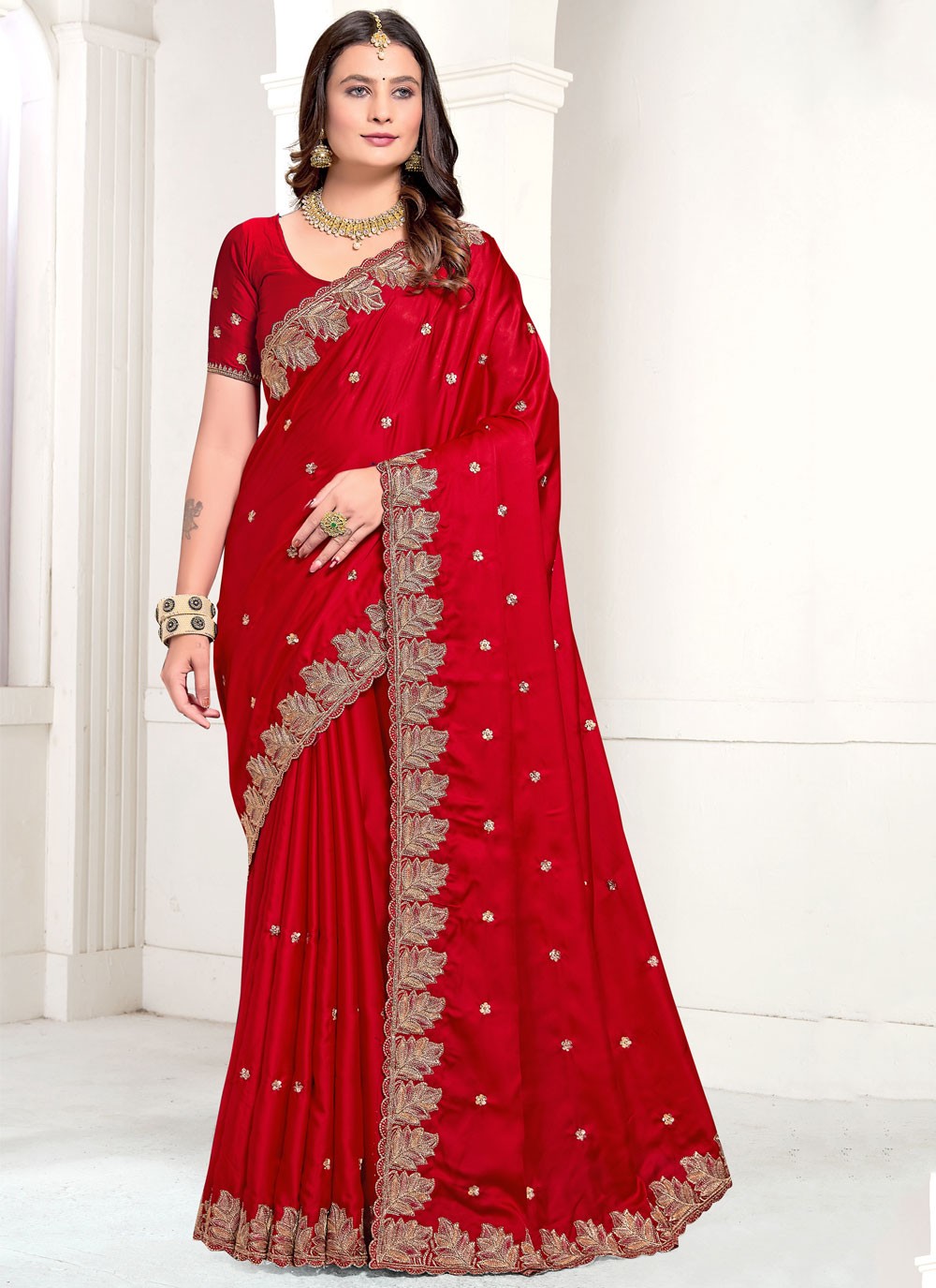 Classic Embroidered Satin Saree - S10549