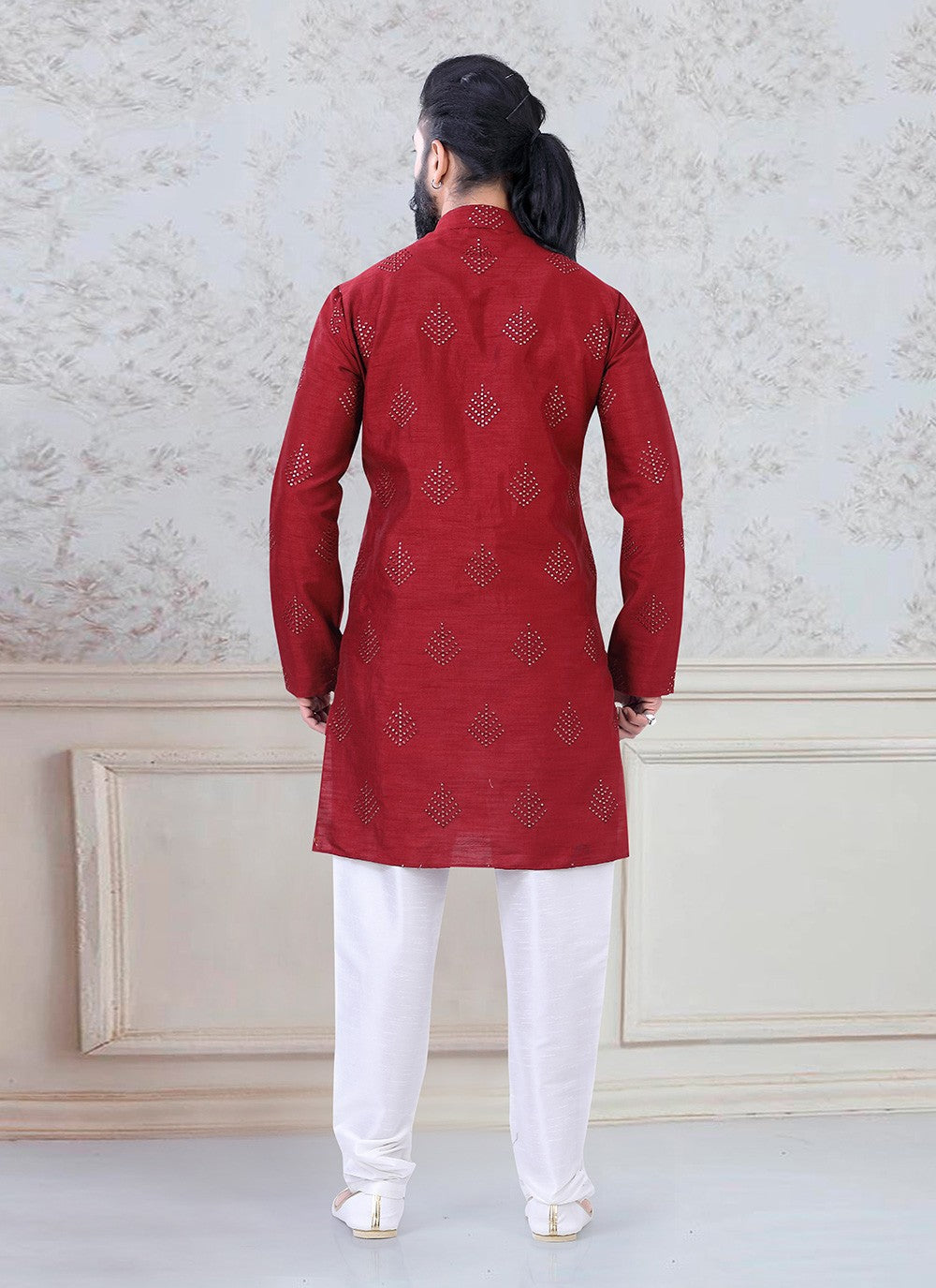 Sequins Silk Red Kurta Pyjama - M3080