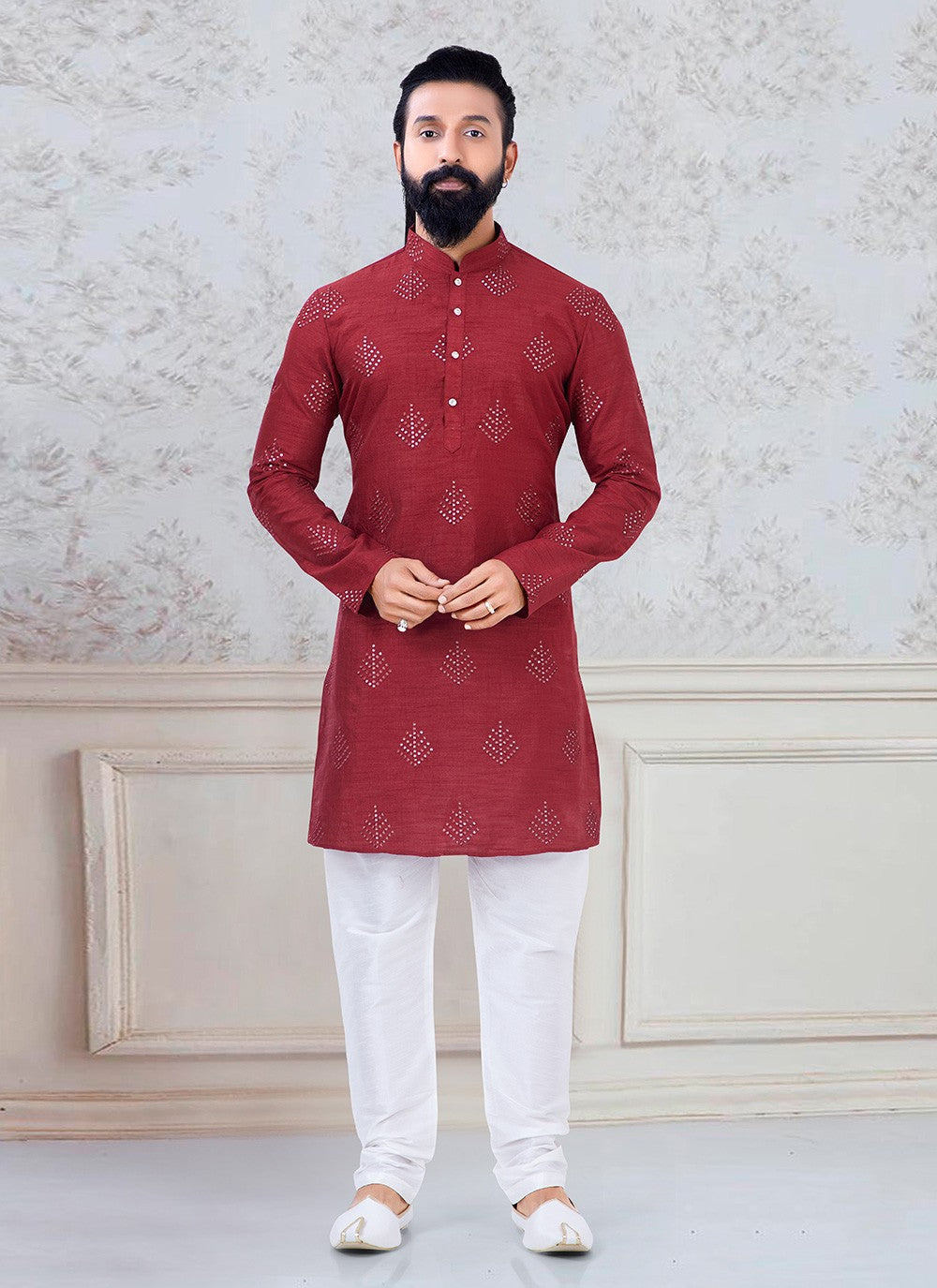 Sequins Silk Red Kurta Pyjama - M3080