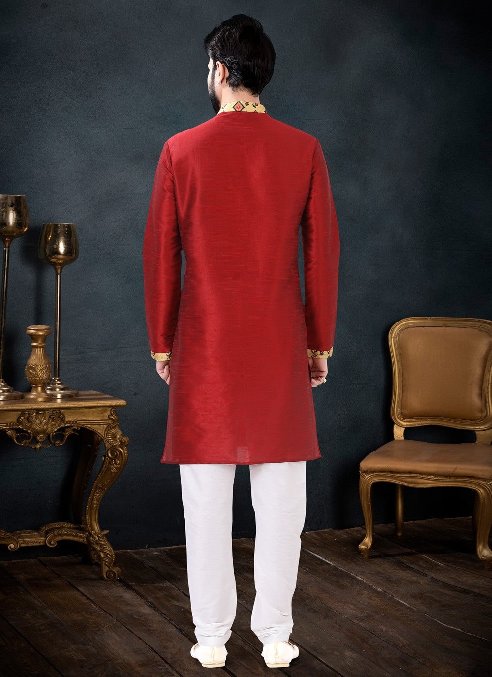 Patch Border Silk Red Kurta Pyjama - M4450