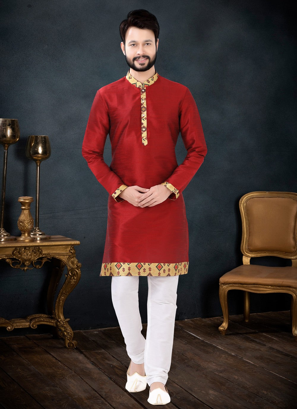 Patch Border Silk Red Kurta Pyjama - M4450