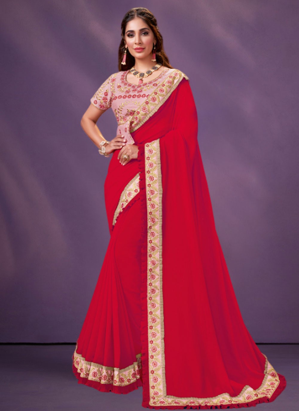 Traditional Border Work Georgette, Silk Saree - S7478