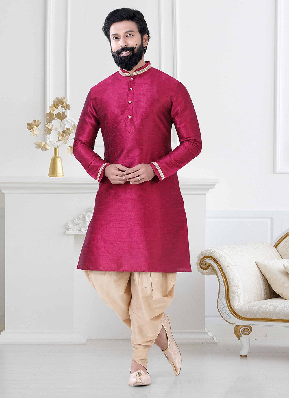 Plain Silk Red Dhoti Kurta - M4179