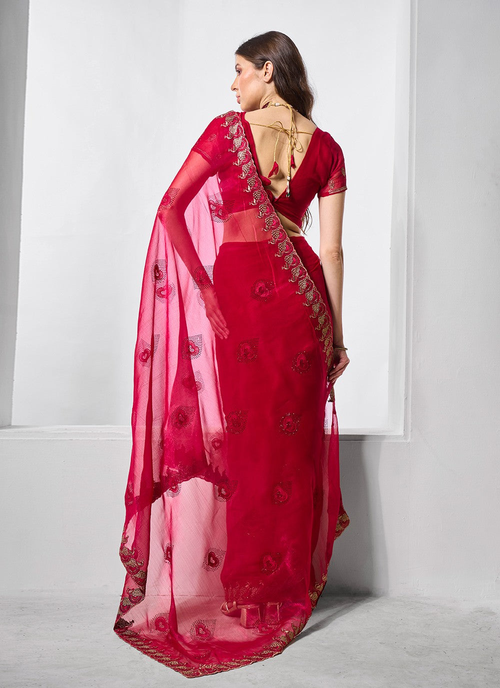 Classic Embroidered Net, Tissue Peach Saree - S10847