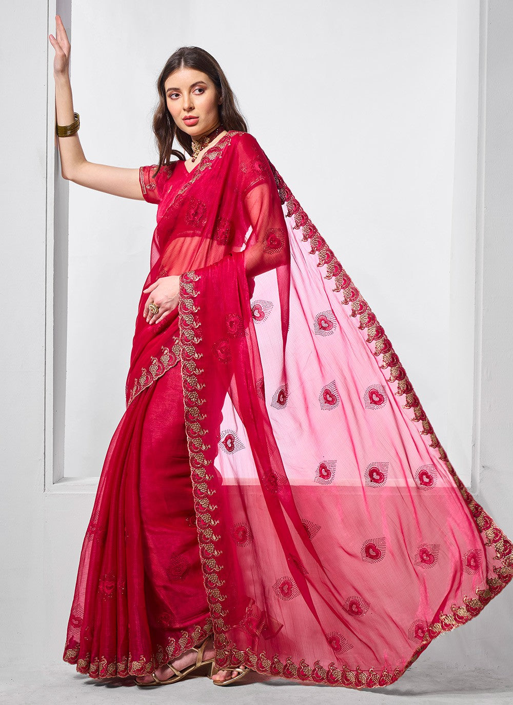 Classic Embroidered Net, Tissue Peach Saree - S10847