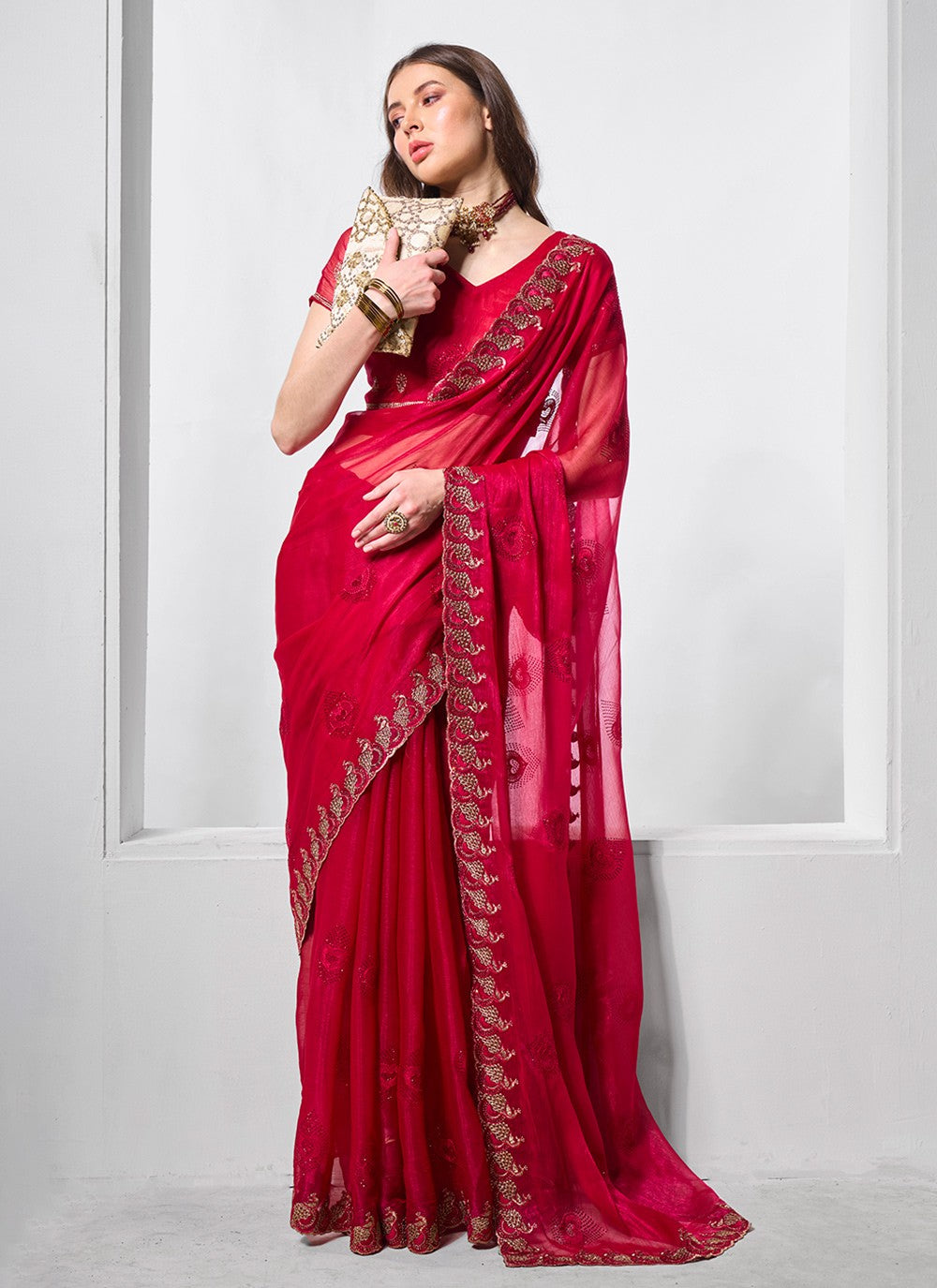 Classic Embroidered Net, Tissue Peach Saree - S10847