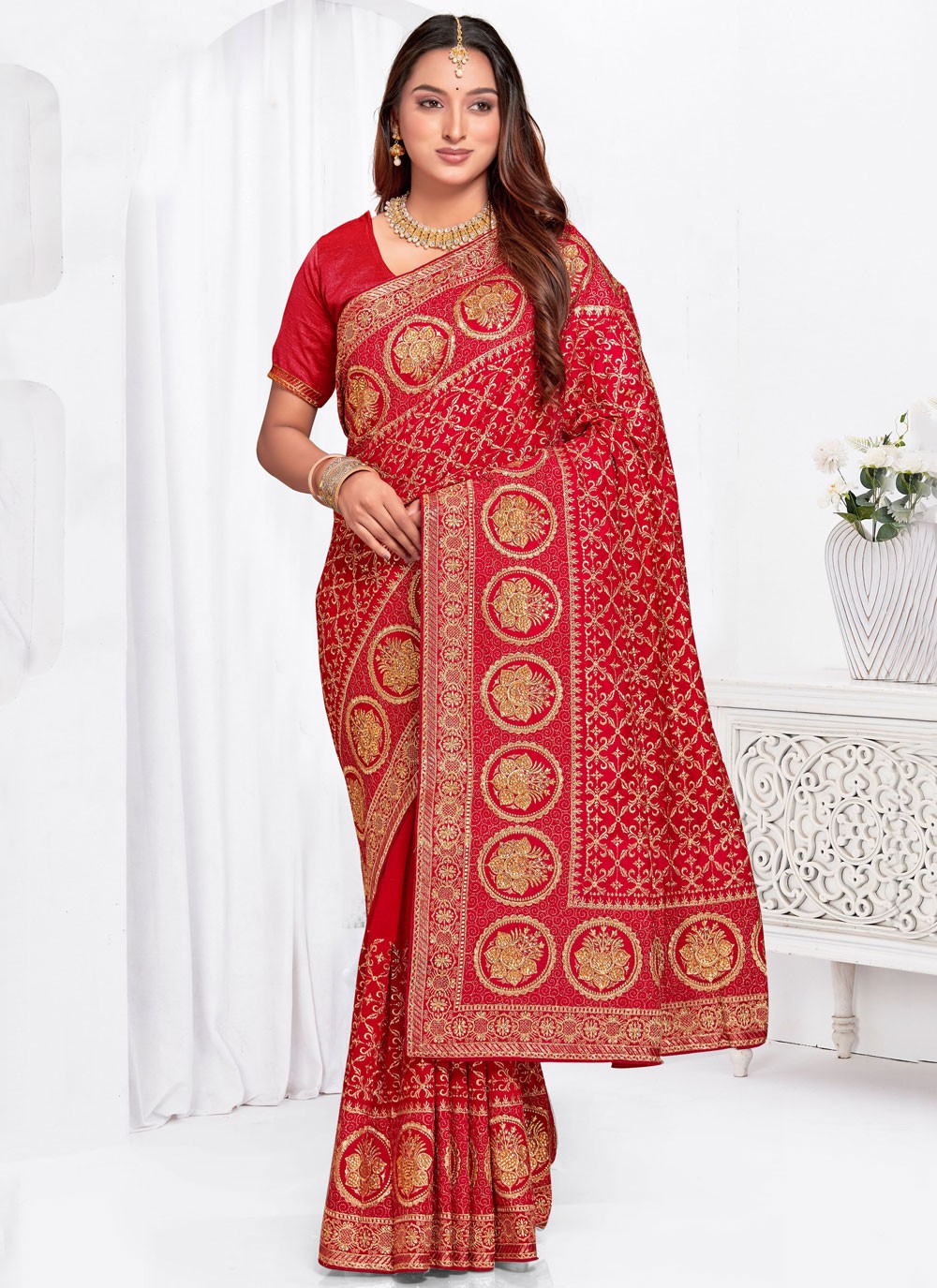 Embroidered, Zari Vichitra Silk Saree - S12102