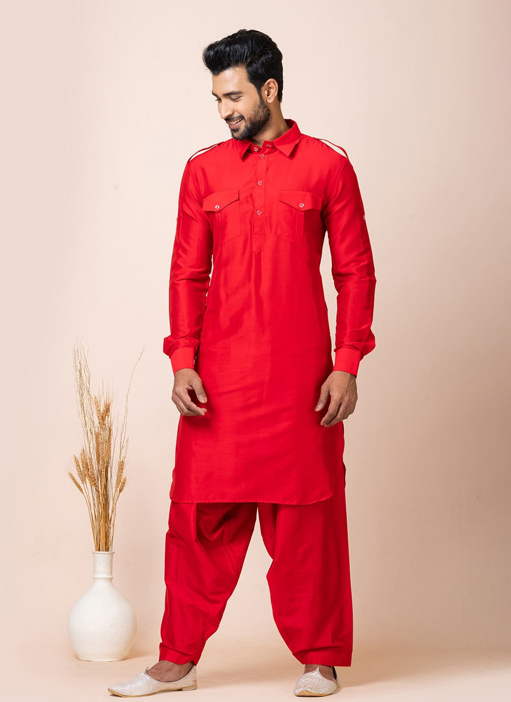 Plain Viscose Red Kurta Pyjama - M7472