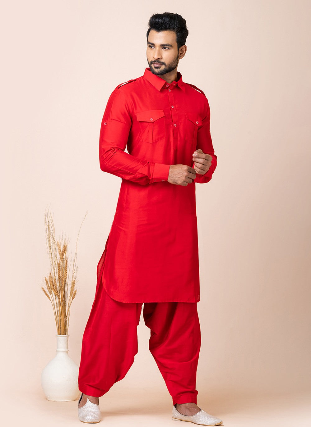 Plain Viscose Red Kurta Pyjama - M7472