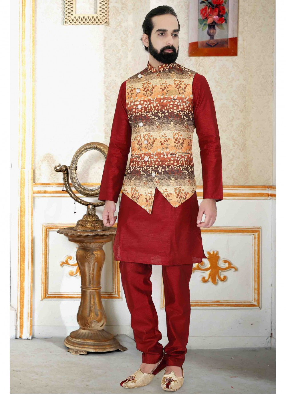 Weaving Zari Polly Cotton Red Kurta Payjama With Jacket - M1547