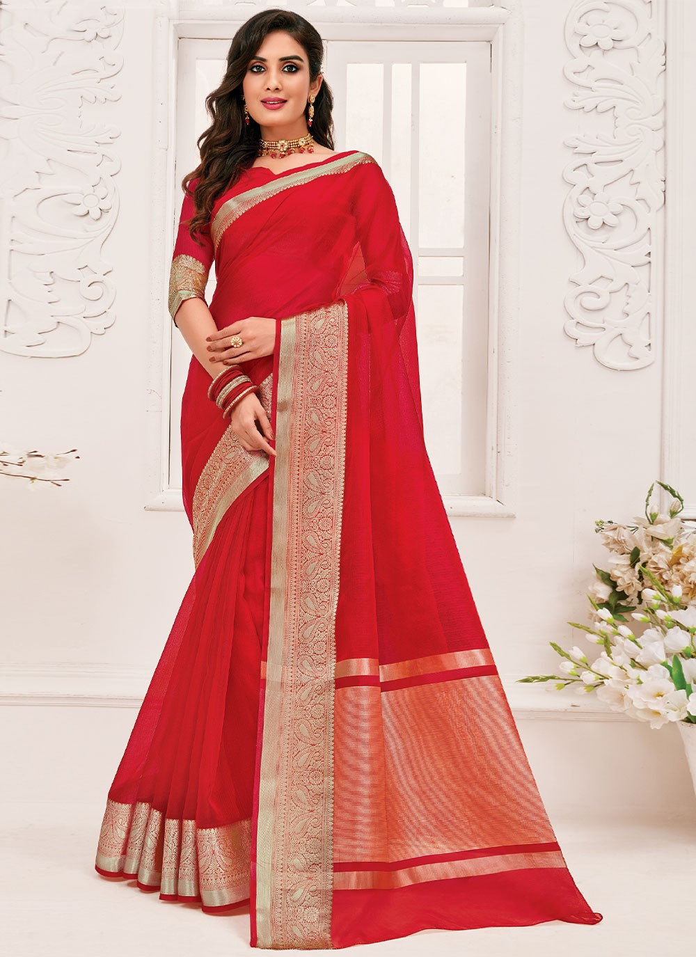 Classic Border Work Organza Saree - S1466