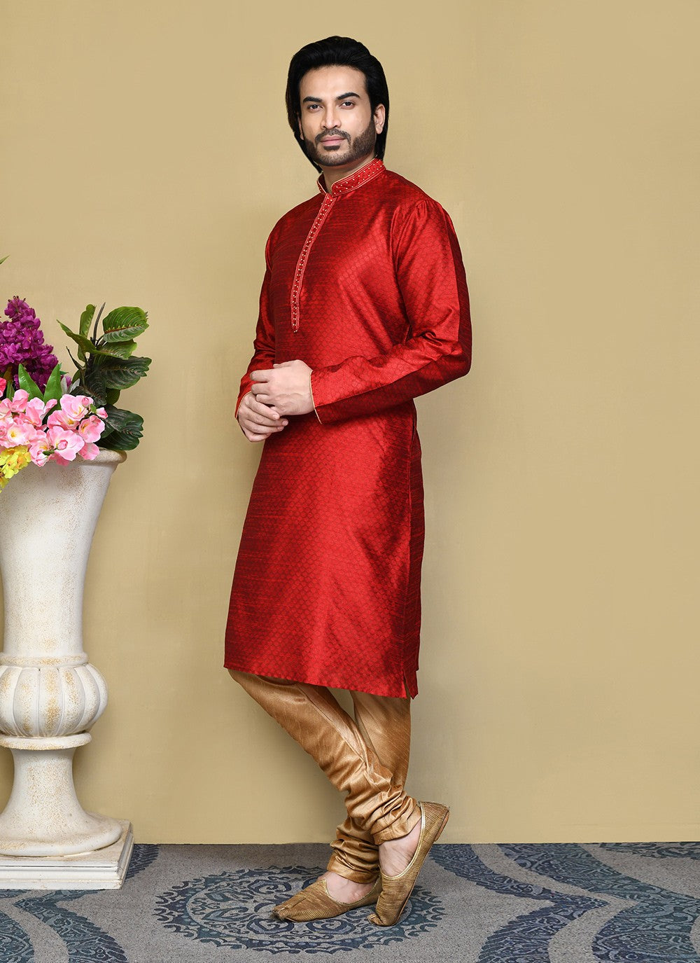 Resham Art Silk Red Kurta Pyjama - M7841